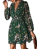 CUPSHE Damen Kleid Wickeloptik V Ausschnitt Langarm Chiffon Blumenmuster Freizeitkleider Wickelkleid Party Mini Dress Grün L