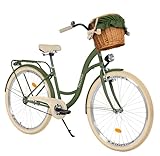 MILORD Damenfahrrad Citybike Komfort Mit Weidenkorb Vintage Fahrrad, 26, 28 Zoll, 1-Gang (Khaki, 28 Zoll)