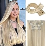 FLUFYMOOZ 6PC Clip in Hair Extensions, 6-teiliges Clip-in-Haarverlängerungsset, 61 cm, glatt, lang, Extensions für Frauen, synthetisches Haarteil (Blond mit blonden Highlights)