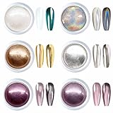 GZMAYUEN Chrom Nagelpulver Nagel Puder Set Weiß Pearly Nagelpulver 6 Farbe Nail Art Powder mit Spiegeleffekt Holo Chrom Powder Pigment Powder Glitzer Set