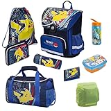 Pokémon Schulranzen Set mit Dose, Flasche und Sporttasche für die 1. Klasse - Ergonomisch, Kompakt, 990 Gr. Leicht, 18 L Volumen, wasserdichter Boden - Schultasche mit Pikachu Motiv · Einschulungs-Set