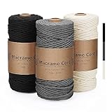 VORHOT Makramee Garn 3mm x100m, Makramee Garn Set Grau Beige Schwarz, Makramee Baumwollgarn 3mm, Baumwollkordel Natur 3mm, Baumwoll Bastelschnur für Basteln Stricken Boho Deko Wandbehang Dekoration