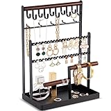 ProCase Schmuckständer Schmuckhalter für Ohrring Ohrstecker Ketten Schmuck Organizer Jewelry Ständer mit 15 Haken, 40 Löcher Ohrringhalter Schmuckaufbewahrung für Halsketten Armbänder Ringe -Schwarz