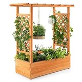 COSTWAY Hochbeet mit Rankgitter & hängendem Dach, Pflanzkasten mit Rankhilfe, Blumenkasten für Kletterpflanzen & hängende Körbe, für Garten Hof Terrasse, Pflanzgefäß aus Holz, Orange