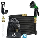 VOUNOT® Flexibler Gartenschlauch 15 m, Flexibel Wasserschlauch Dehnbarer mit 10 Sprühfunktionen, Schnelladaptern und Wandhalterung, Schwarz