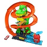 Hot Wheels Spielzeugauto Streckenset, City T-Rex-Feuerschlacht Spielset und 1 Die-Cast-Feuerwehrauto im Maßstab 1:64, über 45 cm groß, mehrere Rennausgänge, bewegliche Dinosaurieraugen, JBM73