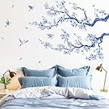 SHUCHING Wandtattoo Blaue Blumen, Wandaufkleber Baumzweig, Selbstklebend Wandsticker für Wohnzimmer Schlafzimmer Sofa Hindergrund