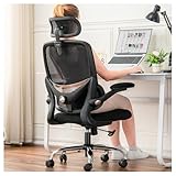 TONFARY Ergonomischer Bürostuhl für Zuhause, hoher Netzrücken, mit Verstellbarer Lendenstütze, klappbare Armlehnen, abnehmbares Kopfstütze, drehbarer Gaming-Stuhl, platzsparend, 150KG (Schwarz)