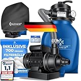 KESSER® Sandfilter Sandfilteranlage + 700g Filterbälle ersetzen 25kg Filtersand-Poolfilter 10 m³/h Filteranlage Filterkessel für Pool Schwimmbecken 4-Wege Ventil, einfache Steuerung, Inkl. Cover, Blau