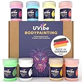 Bodypainting Farben - 8x Coole UV Farbe Körperfarbe MADE IN GERMANY - Schwarzlicht Farbe, Neon Farbe Haut und Gesicht leuchtet Tag & Nacht - Schminke Body Paint von UVibe - Body Painting Farbe Körper