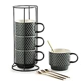 Gomakren Stapelbare Kaffeetasse aus Porzellan für Latte, Tee, Cappuccino, Mokka, Kakao, 370 ml, 4er-Set, mit Ständer & Löffel, mikrowellengeeignet, spülmaschinenfest, Grau