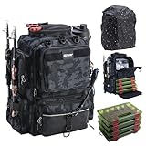 Goture Angelrucksack mit 4 Köderbox Angeln, 45-Liter Angelzubehör-Rucksack mit Zwei Rutenhaltern und Regenschutz, Wasserabweisende Angelgerätetasche mit verstellbarem Fach und 8 Ködertaschen