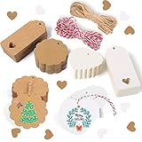 Alintor 100stk. Geschenkanhänger Weihnachten, Geschenk Etiketten Kraftpapier 4x9CM, Anhänger Hochzeit mit 20m Schnur, Flaschenetiketten für Stempel Honiggläser Marmeladendeckchen Namensschilder