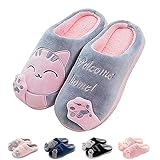 SHAINE Hausschuhe Damen Winter Herren Baumwolle Katze Pantoffeln Warme Plüsch Hausschuhe Unisex Weiche Bequeme rutschfeste Cozy Slippers Grau 40/41