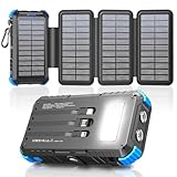 Solar Powerbank 26800mAh mit 4 Solarpanel, Powerbank USB C 15W Schnellladung 5 Ausgänge mit 3 Kabeln, Wasserdicht Outdoor Externer Akku mit Karabiner & Taschenlampen für Camping, Phones, Tablets