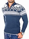 Reslad Herren Strickpullover Crewneck Zipper Norweger Pullover RS-3110 Blau L