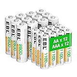 EBL AA AAA Akku Pack 24 Stück - AA Akku 2800mAh 12 Stück mit AAA Akku 1100mAh 12 Stück, 1,2V NI-MH wiederaufladbare Batterien