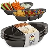 Hausfelder Snack Teller Schwarz 3er Set, Servierplatte für Süßigkeiten, Chips & Snacks, Kunststoff Snackschale mit 3 Fächern, BPA-frei, Stapelbar (Anthrazit)