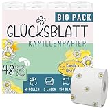 Glücksblatt Toilettenpapier KAMILLE, 3-lagig, 48 Rollen x 150 Blatt, Duft nach Kamille, 100% Zellstoff, weiches Klopapier mit bunten Kamillenblüten, Kamillenpapier, Verpackung aus 30% PCR-Anteil