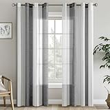 EMEMA Gardinen Gestreift Transparent mit Ösen Voile Vorhänge Wohnzimmer Modern 2er Set Vorhang Schlafzimmer Transparent mit Muster Vorhang Halbtransparent Streifen 140 x 245cm Grau Weiss Gestreift