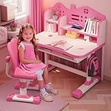 Kinder-Schreibtisch- und Stuhl-Set, höhenverstellbar, für Schule, Studium, Tischstuhl-Set mit Astronautenmuster, ergonomischer Schreibtischstuhl mit großer Schreibtafel, Bücherregal und Schublade