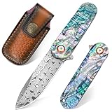 Zingbee Damast Taschenmesser Klappmesser, Hochwertig VG10 Damaststahl Klinge, EDC Damastmesser mit Abalone-Muschelgriff, Einhandmesser für Outdoor, Camping, Sammlung, Wandern, Jagd, Angeln