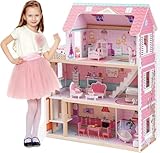 ROBUD Puppenhaus Holz Kinder Spielzeug ab 3 Jahre Mädchen | Dollhouse Spielzeug 2 3 4 5 Jahren Mädchen Puppenhaus Groß Kinderspielzeug Haus mit Zubehör Geschenk für Mädchen Kinder 3-4-5-6 Jahre