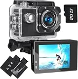Xilecam Action Cam 1080P Helmkamera mit 32GB Karte, Unterwasserkamera wasserdicht bis 40M，Action Kamera mit Zwei wiederaufladbare Akkus und Accessories (A6B)