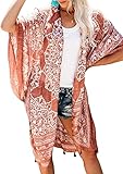 Amazon Brand - HIKARO Damen mit Blumenmuster Strand Kimono Schal Lange Bademode Cover-Ups Sommer