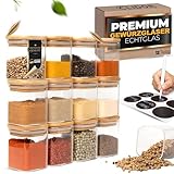 CLIDOR ® Gewürzgläser Eckig - 12 x 160 ml Set - Extra dickes Glas - Stapelbare Gewürzdosen mit Holzdeckel - Gewürz Organizer klein für die Küche - Spice Jars - geeignet als Gewürzaufbewahrung