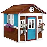 Outsunny Kinderspielhaus Holz Spielhaus für Kinder Outdoor Gartenspielhaus mit Fenster, Blumentopfrack Holzspielhaus für 3-8 Jahre Kinder Dunkelbraun