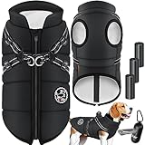 LOVPET® Hundejacke Hundemantel mit Geschirr, inkl. 45 Stück Kotbeutel + Spender, Hunde Winterweste gefüttert wasserdicht, Gepolsterte Weste Mit Brustgurt, Reflektoren, D-Ring L, Schwarz