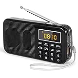 PRUNUS J-725 FM UKW Radio Klein, Digital Radio mit 3000mAh Wiederaufladbare Batterie, Kofferradio Tragbares Radio Wecker, USB/SD/TF/AUX-Player, Akku Radio mit Notlicht.(Schwarz)