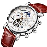 HFWXYSA Tourbillon Herrenuhr, mechanisch, Kalender, Wochenkalender, Mode, Zifferblatt, Braun, Silberbraun
