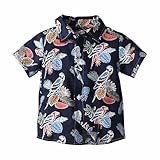 Dmmtot Hawaiianische Button-Down-Shirts für Jungen, Sommer, Vintage, kurzärmelig, Bluse, lässig, Strand, Urlaub, Reisen, Hemden, leicht, atmungsaktiv, Blumendruck, Alter: 1–9 Jahre, Nr. 12 Marineblau