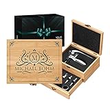 Maverton Weinöffner-Set personalisiert Weinset Sommelier Set - Geschenkbox Holzbox + 8er Weinzubehörset - aus Bambus - Braun - Geschenk zum Geburtstag für Männer - Monogramm