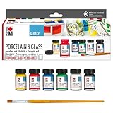 Marabu 1115000000087 - Porcelain & Glass Starter Set Glänzend, Porzellan- und Glasfarbe auf Wasserbasis, spülmaschinenfest ohne Einbrennen, 6 x 15 ml Farbe und Pinsel