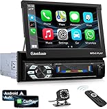 CAMECHO 1 Din Carplay/Android Auto/Mirror Link Autoradio mit Bildschirm, 7 Zoll Motorisiert Ausfahrbarem Touchscreen Autoradio Bluetooth mit FM SWC AUX-in EQ USB TF+Externes Mikrofon+Rückfahrkamera