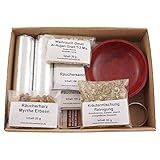 Räucherset „Hausreinigung“ – 9 TLG. – Kräuter-Mischung Reinigung m. Weihrauch Oman Al-Hojari u. Räucherharz Myrrhe - Räucherschale u. Zubehör mit Anleitung – Geschenkkarton (Rote Speckstein-Schale)