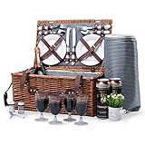 Weidenkorb Picknickkorb für 4 Personen mit Isoliertem Kühlfach und Wasserdichter Decke|Willow Hamper Besteck-Service-Set|große Weiden-Picknickkorb-Sets für Camping im Freien (Braun)