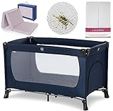 Hauck Baby Reisebett Set Dream n Play Plus mit Matratze + 2 Spannebettlaken + Insektenschutz - faltbares Kinder Babyreisebett mit Tasche - Navy Blau