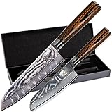 Wolfblood 2er (30cm und 24cm) Profi-Damast-Küchenmesser Set aus 67 Lagen Damaststahl & VG10 Santokumesser Klinge I Santoku-Damastmesser Set mit Holzgriff Geschenkbox & Klingenschutz