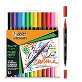 BIC Intensity Filzstifte Set, Dual Tip Brush Pen zum Malen in 12 verschiedenen Farben, mit Pinsel & feiner Spitze