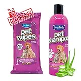 Deepfresh Hundeshampoo und Katzenshampoo mit Aloe Vera, Gegen Geruch - 500 ml Rückfettendes Shampoo für alle Hunderassen und Felltypen mit Pflegetücher