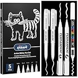 Weißes Stifte-Set, 5 Stück, 3 x blickdichte, schnell trocknende Textmarker (2 x Gel + 1 x Flüssigkeit) + 2 x Acrylmarker (fein/Pinselspitze), verschiedene Oberflächen, schmierfrei für schwarzes Papier