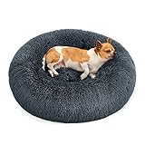 Feandrea Hundebett flauschig, Katzenbett, Donut Kissen, waschbar, Polsterung in der Mitte herausnehmbar, Langer Plüsch, 60 cm Durchmesser, dunkelgrau PGW038G02