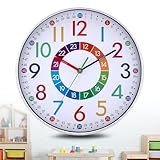 JIZZU Kinder Wanduhr Ohne Tickgeräusche, 30cm Bunt Zahlen Wanduhr, Lernende Wanduhr Quartz Lautlos, Kinderwanduhr für Kinderzimmer, Bunt Ziffern Kreativ Einfach zu Lesen