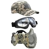 Yzpacc Airsoft Halbgesichtsmaske mit Brille Hut Set Taktische Masken Vollgesichtsmaske Paintball Maske Ohrenschutz Baseballkappe für CS Halloween und Cosplay Spiel, ACU + SCHWARZ