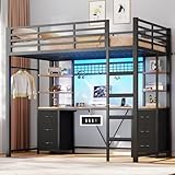 AOGLLATI Hochbett 90x200 mit Schreibtisch 35.5x200cm, Jugendbett Etagenbett mit Ladefunktion, 6 große Schubladen & 4 Ablagen, Kinderbett, Rausfallschutz und Leiter aus Metall, Schwarz