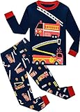 EULLA Kinder Jungen Schlafanzug Langarm Baumwolle Winter Pyjama Set Feuerwehrwagen Zweiteiliger Nachtwäsche 5 Jahre alt Größe 110 A-Dunkelblau Feuerwehrwagen DE 110